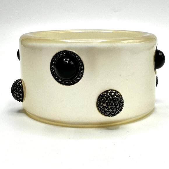Vintage Judith Jack Pearlescent  Lucite, Marcasite & Onyx Bangle Bracelet — EUC - Picture 2 of 12